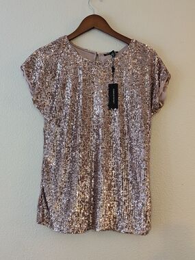 Cable & Gauge Sequin Short Sleeve Top - Rose Gold